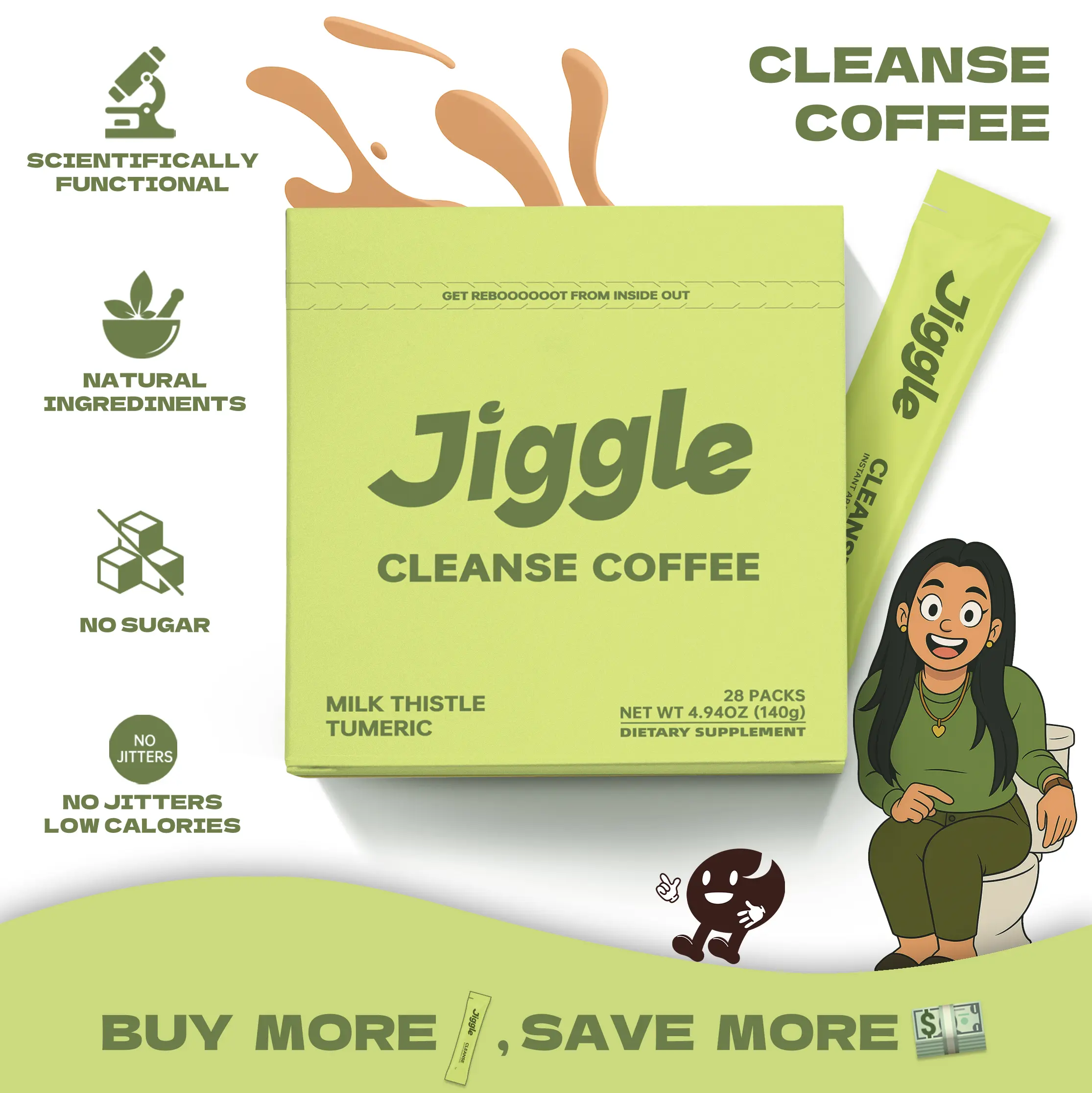 Jiggle Cleanse Black Coffee | Liver Cleanse & Detox | Tumeric & Milk Thistle | No Sugar No Jitters | 28 Packs On-the-Go Natural Functional Beverage