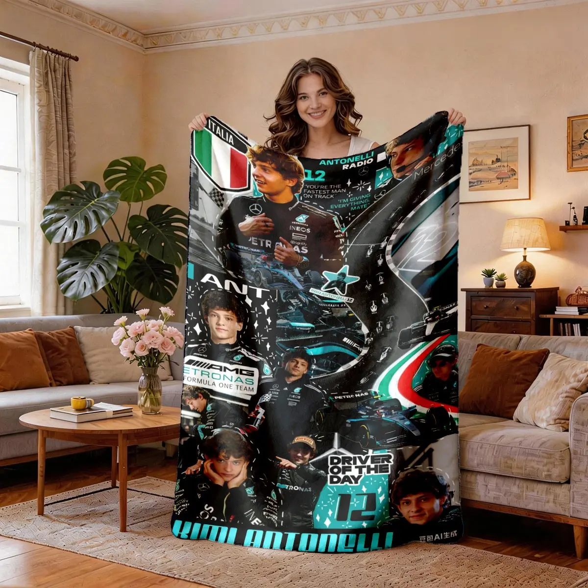 Mercedes F1 Antonelli No.12 Patchwork Flannel Blanket, Polyester Flannel Blanket, Lightweight Soft Breathable, Soft Blankets, Ideal for Spring Summer, Bedroom Decor, Bed Sofa Office Camping Travel, Blanket For Couch