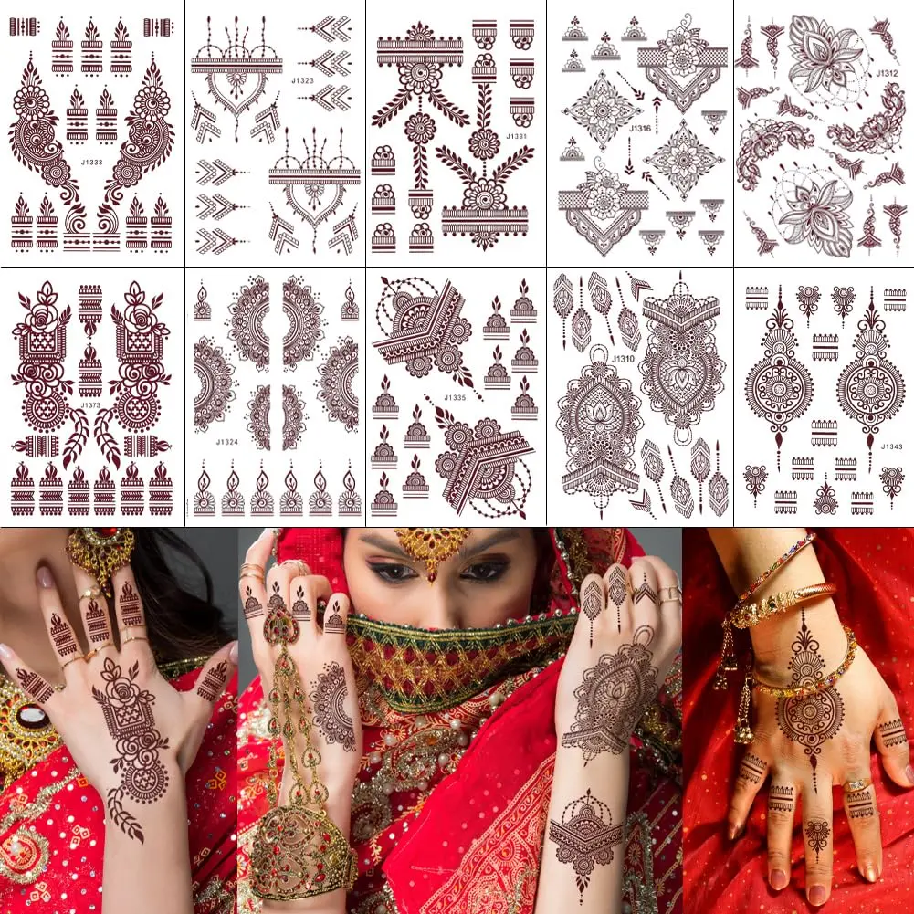 10 Sheets Henna Tattoos Temporary Henna Stickers Brown Tattoo Stickers Women Body Art Stickers for Wedding Party (10P Brown-2)