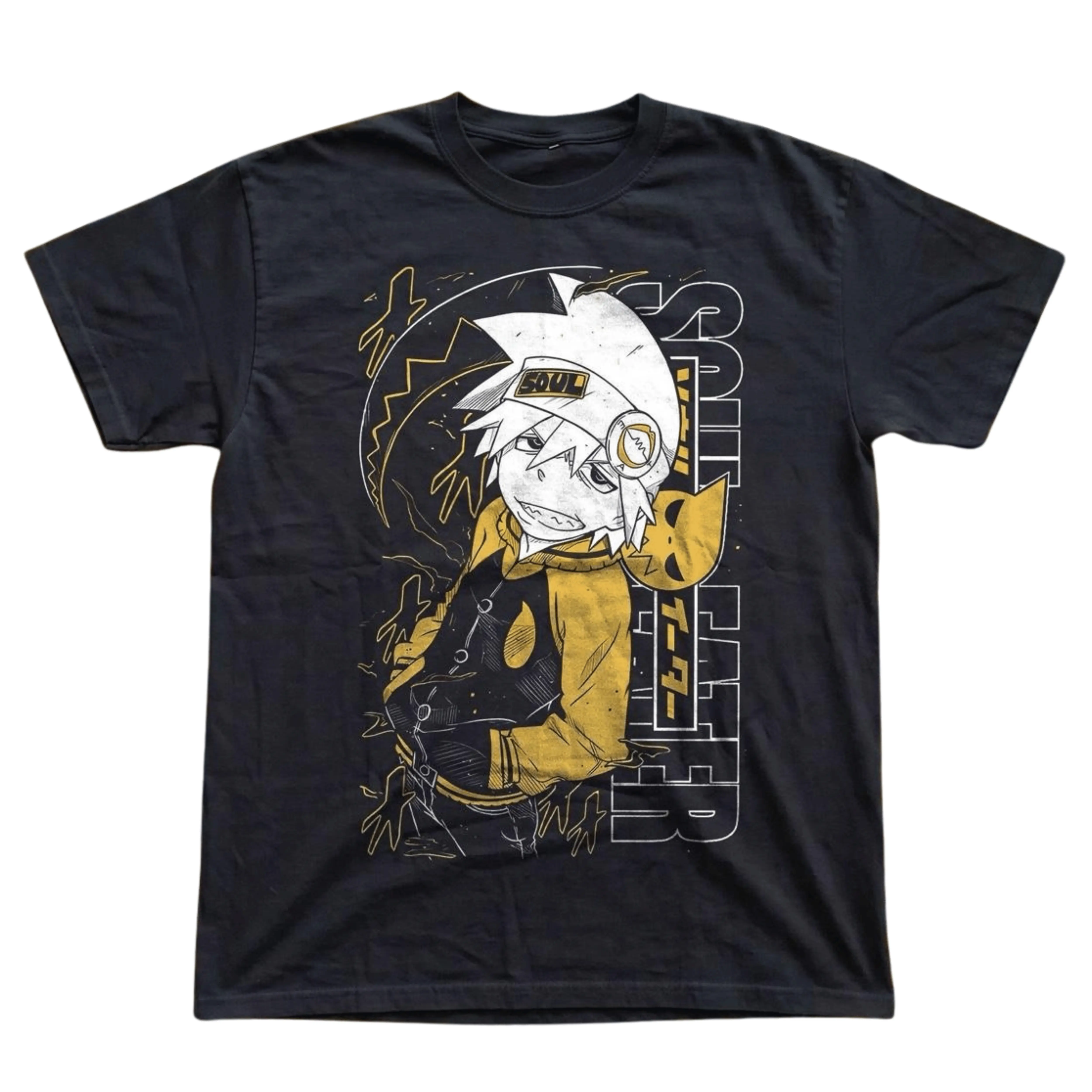 Gildan Men's and Women's T-Shirt, Vintage Soul Eater Graphic Tee, Soul Evans Scythe Weapon Shirt, Yellow Black Japanese Manga Top, Y2K Grunge Dark Aesthetic Streetwear Clothes, Cool Otaku Anime Gift Idea, Retro Alt Apparel Unisex Menswear, Cotton