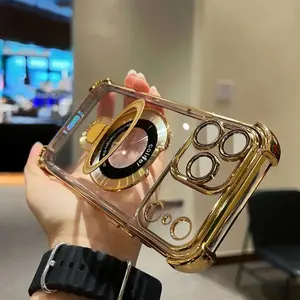 New Four-Corner Airbag Anti-Drop Magnetic Stand Phone Case, Electroplated Frame, Transparent Shockproof Cover for iPhone 17 Pro Max/16 Pro/15-11