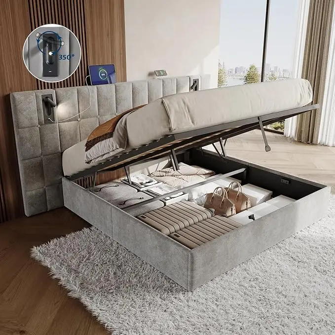 [SummerSale] AMERLIFE Upholstered Bed Frame with Widened Headboard,Lift-Up Storage Bed and Built-in Reading Light, Velvet Platform Frame, No Box Spring Needed