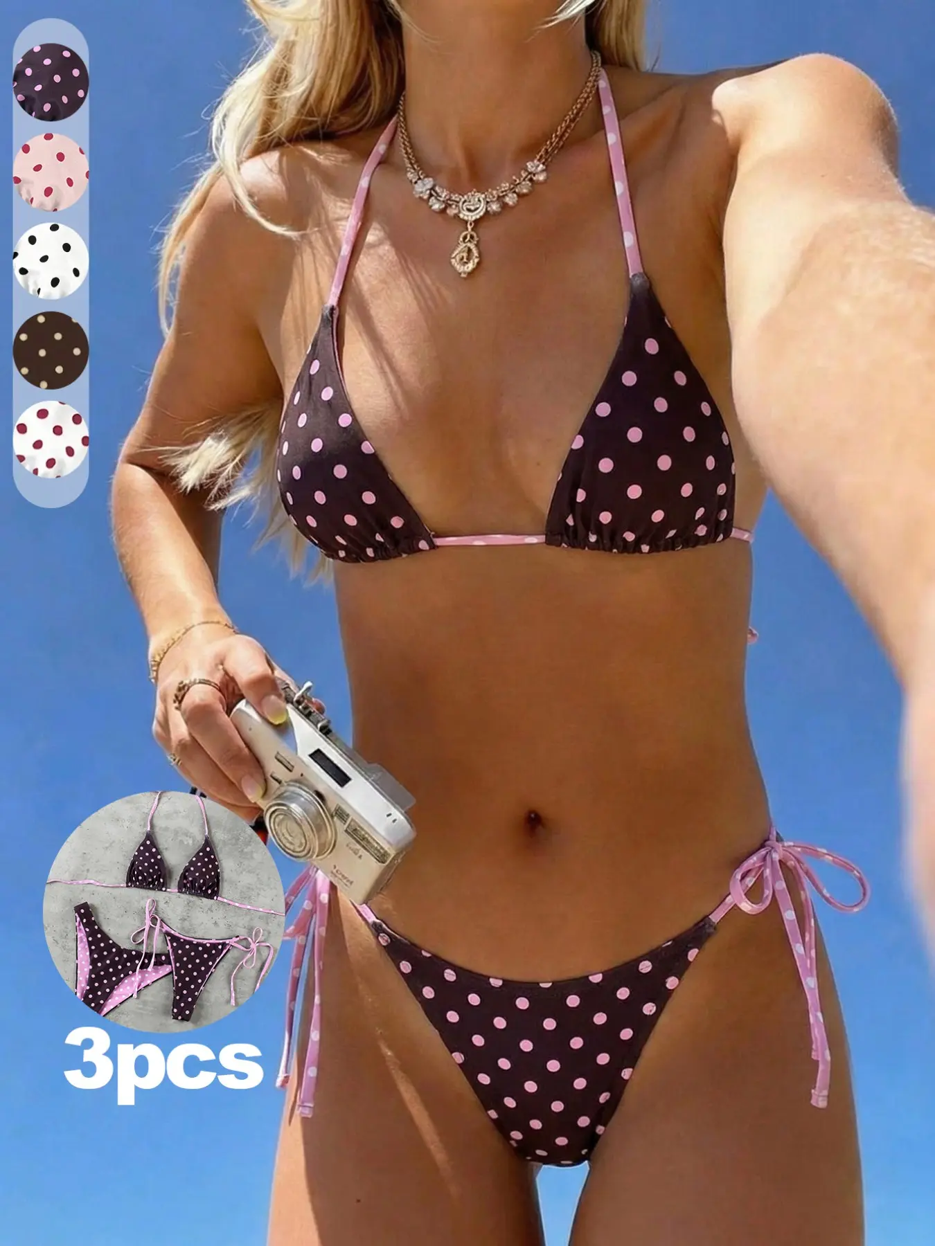3pcs New Arrival Spring & Summer Bikini Set, Fashionable Swimsuit, Bikinis Set, Swimsuits Set, Fashion Sexy Polka Dot Print Swimwear, Casual Elegant Swimsuit for Beach, Beachwear Swimsuit