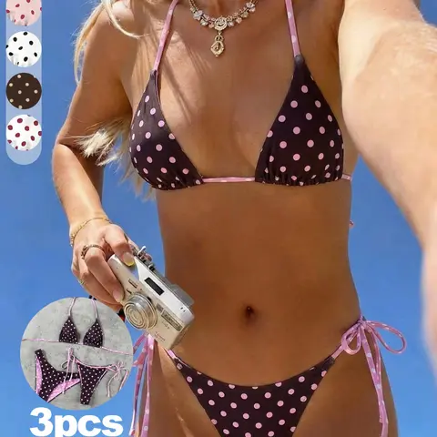 3pcs New Arrival Spring & Summer Bikini Set, Fashionable Swimsuit, Swimsuits Set, Fashion Sexy Polka Dot Print Swimwear, Casual Elegant Swimsuit for Beach, Beachwear Swimsuit, Bathing Suits