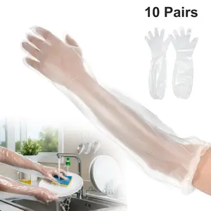 LZDJTQ 10 Pairs Extra Long Disposable Cleaning Gloves, 23.6inch Elbow Length Plastic Waterproof Sleeve for Kitchen Cooking Household Dishwashing