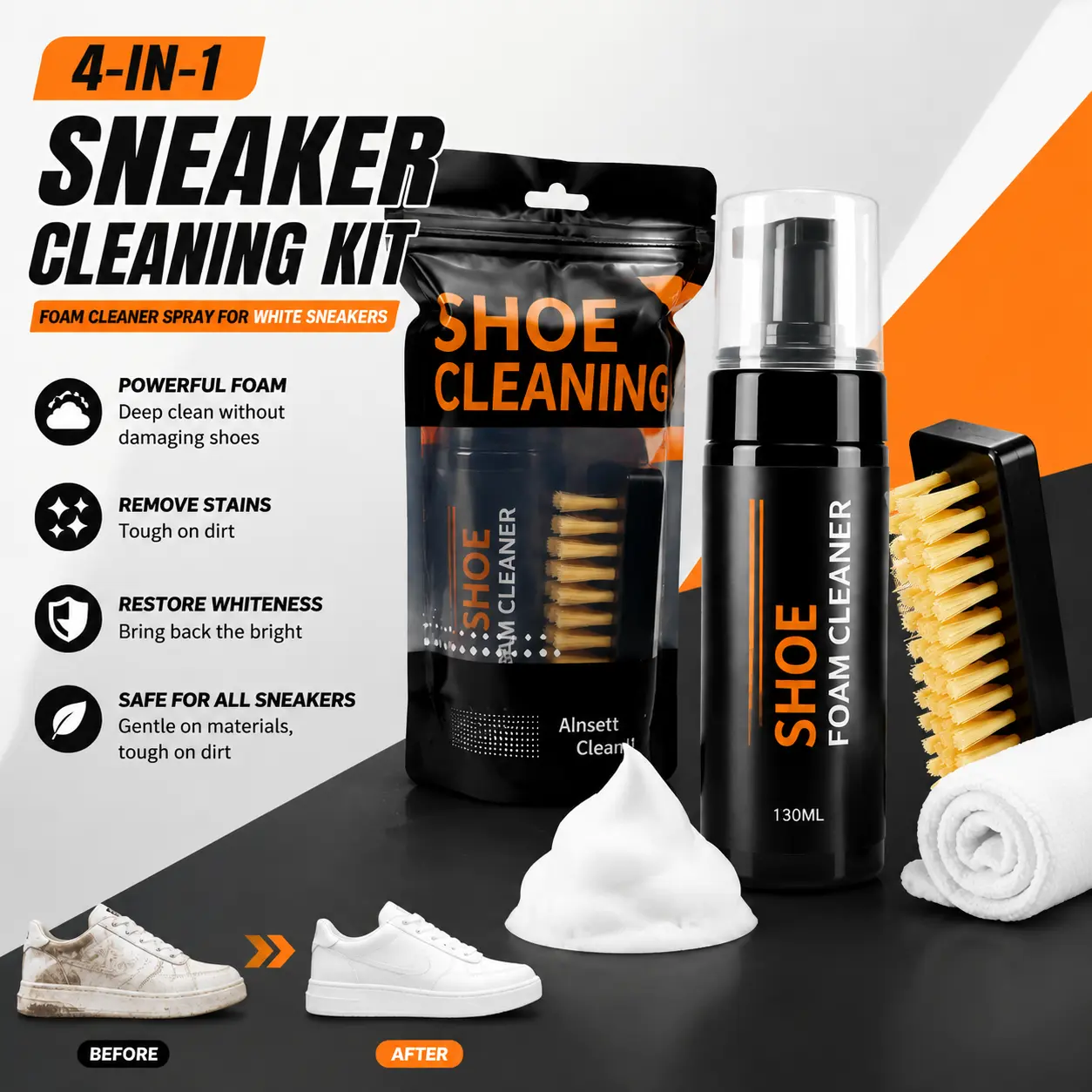 Complete 4-In-1 White Shoe Cleaning Kit| No Water Washing| Safely Cleans Sneakers & PU Leather Shoes Durable Shoe Foam Cleaner Spray With Cleaning Brush & Microfiber Towel