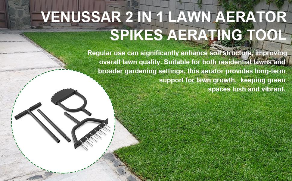 2-in-1 Lawn Aerator Spike Metal Manual Half Moon Tool with 12 Stainless Spikes 2 Replacement Heads for Compact Soil Garden Sidewalk Flower Beds Gardening Set Puller