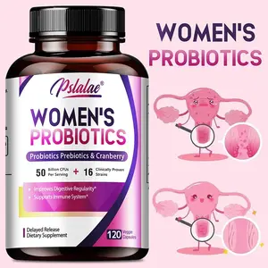 Pslalae 120 capsule dietary supplement, rich in a probiotic blend, a prebiotic fiber blend, and added cranberry extract to support the immune and digestive systems, suitable for both men and women.