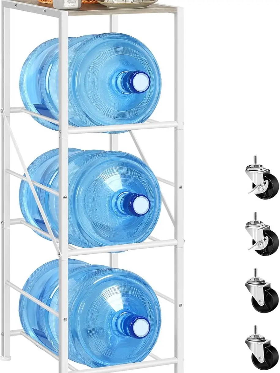 Gray and White Free-Standing 3-Tier Movable 5-Gal Water Bottle Storage Rack with Shelf, Space-Saving Household User Home Organizer for Kitchen, Office