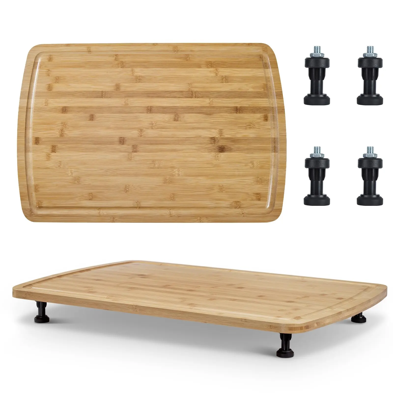 Bamboo Noodle Board Stove Cover 30x20 Inch, Wood Stove Top Cover Cutting Board with Adjustable Legs & Juice Grooves, RV Sink Cover Butcher Block
