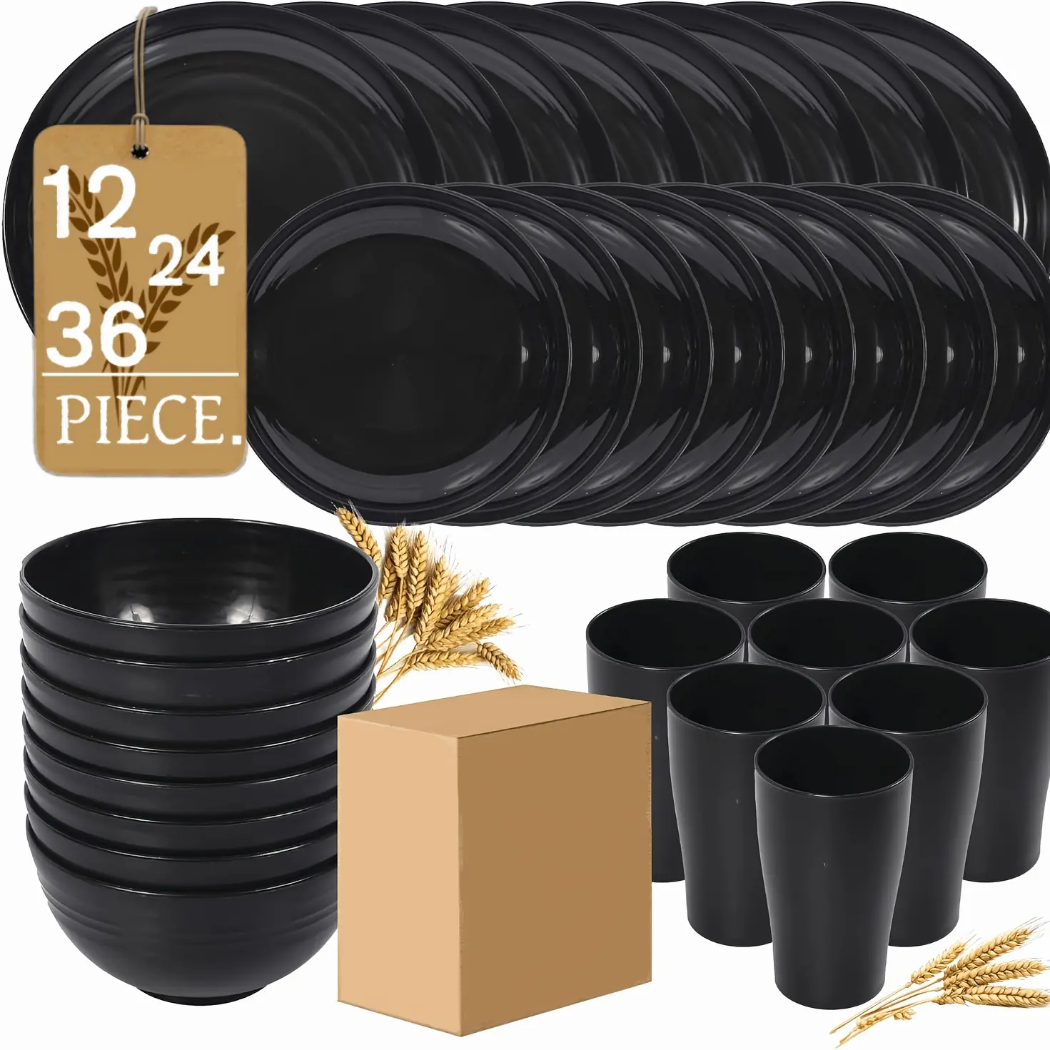 Wheat Straw Dinnerware Set - 12pc, 24pcs & 36pcs Solid Color Plates, Bowls & Cups for Picnic & Camping - Reusable, Lightweight & Microwave Safe, Outdoor Events