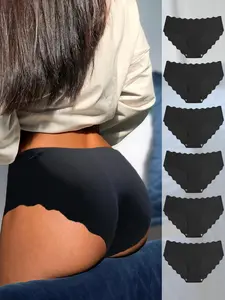 Women's 6pcs Minimalist Solid Scallop Trim Panty, Lady Basic Soft Comfort Seamless Knickers for Daily Wear All Seasons, Womenswear Underwear