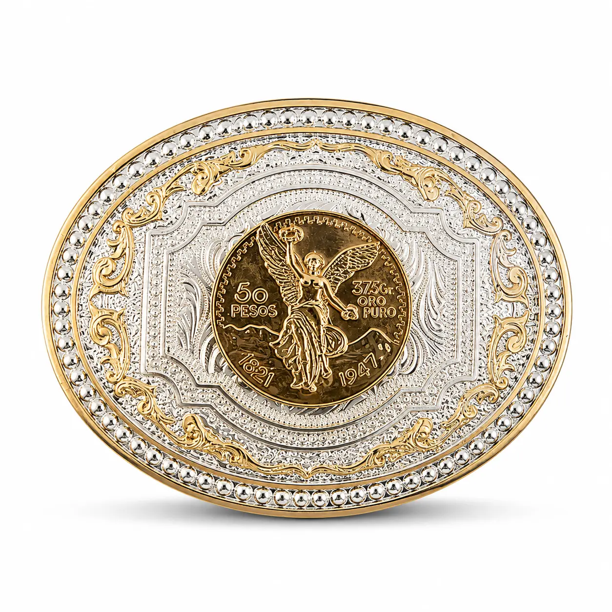 Gold Libertad Coin Engraved Western Belt Buckle | Silver & Gold Cowboy Buckle