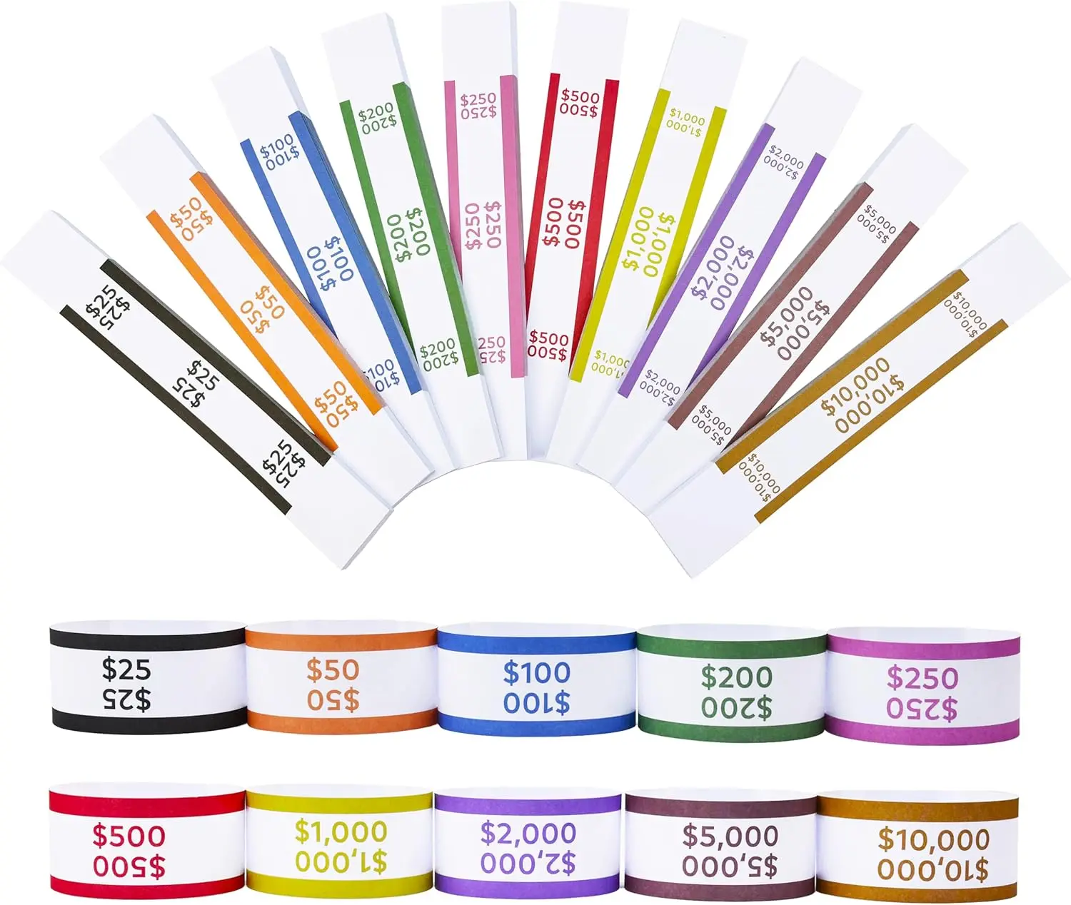 1000pcs ABA Standard Colors Self-Seal Money Bands, 12-Color 7.48 Inches Cash Wrappers Currency Straps (100 per Strap) for Banks & Businesses Cash Organization, Color-Coded