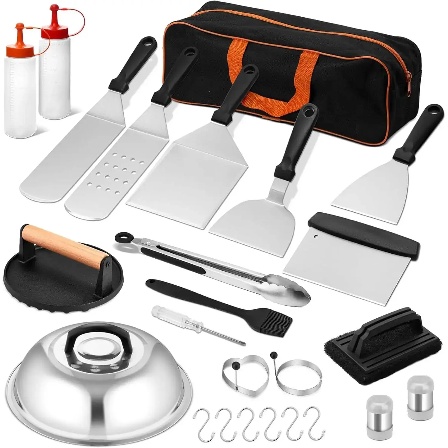 25Pcs Griddle Accessories Kit, Flat Top Grill Accessories, Griddle Tools with Enlarged Spatulas, Basting Cover, Metal Scraper, Smash Burger Press for Outdoor Barbecue