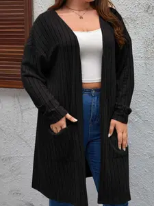 【Plus Size】 Solid Pocket Ribbed Knitwear Cardigan Fit, Casual Aesthetic Drop Shoulder Long Sleeve Open Front Outerwear for Spring & Fall, Women's Clothes for Daily Wear
