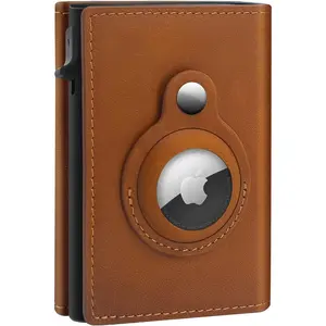 GAOCHALE AirTag Wallet Genuine Leather Air Tag Wallet RFID Technology Credit Card Holder with Minimalist Wallet for Men for Apple AirTag (No Airtag Included)(Light Brown)