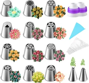 27PCS Russian Piping Tips Set, Cake Decorating Tips Baking Supplies for Cupcake Cookies Birthday Party (12 Icing Tips, 10 Pastry Baking Bags, 2 Leaf Piping Tips, 2 Couplers, 1 Silicone Bag)