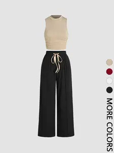 Two-Piece Set Women's Ruched Tank Top & Drawstring Waist Pants Ribbed Set, Casual Sleeveless Top & Wide Leg Trousers, Summer Outfits 2025, Ladies Clothes for Daily Wear, Casual Loungewear Set