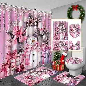 1/4pcs pink Christmas snowman shower curtain set, non-slip floor mat, U-shaped carpet, toilet cover, perfect for bathroom decoration, partition, beautify the space, free 12 shower curtain hooks, Bathroom Decoration Accessories
