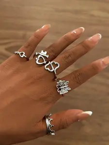 Mother's Day Gift Women's Fashion Jewelry Set, Heart Key Butterfly Design Rings, Dainty Stacking Rings, Stackable Rings, Adjustable Rings, Perfect Gift for Women &