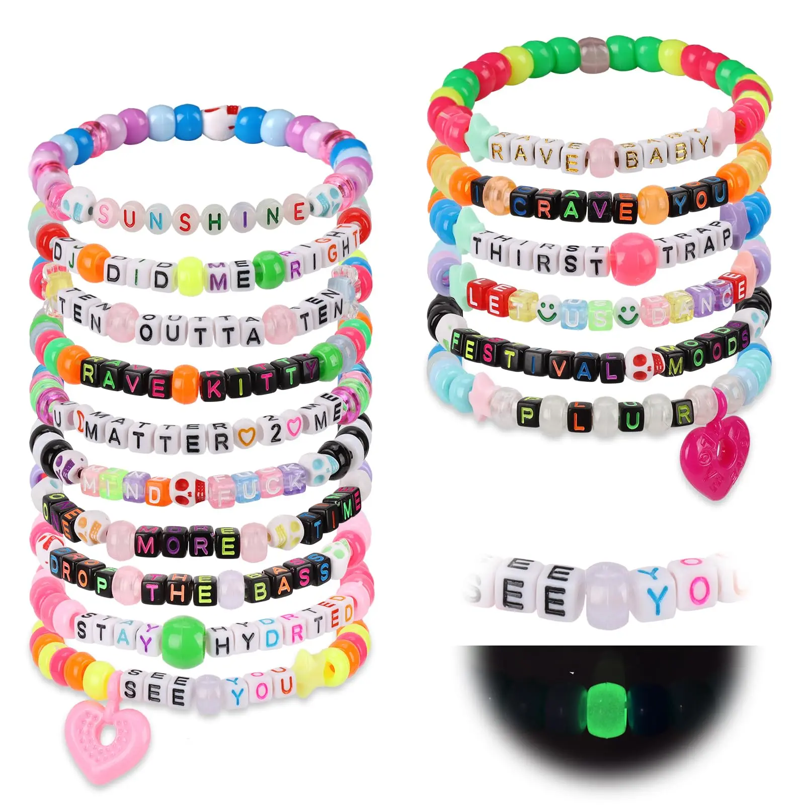 16 Glow in the Dark Rave Kandi Bracelets Set - Fluorescent Synthetic Beaded Cuffs, Comfortable Elastic Stretch Fit, EDM Parties Essential, Festive Party Favors with Captivating Fluorescent Glow, Essential Party Accessory