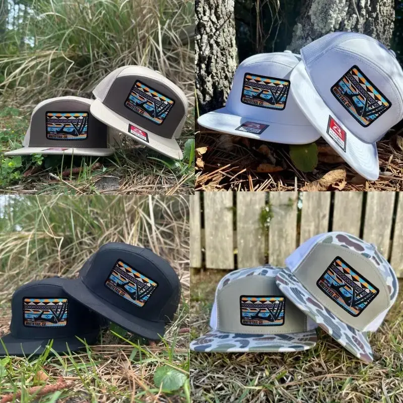 Azteca Whitetail Deer Antler Embroidery 7 Panel Trucker Cap Flatbill Mesh Snapback Outdoor Angler Performance Camo Hat for Men and Women Bottomland Camo Black White Brown Unisex Fitted Cap