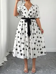 Plus Size Floral Print Shirt Dress, Turn-Down Collar V Neck Tie Waist a Line Midi Dress, Women's Fashionable Casual Summer 8622