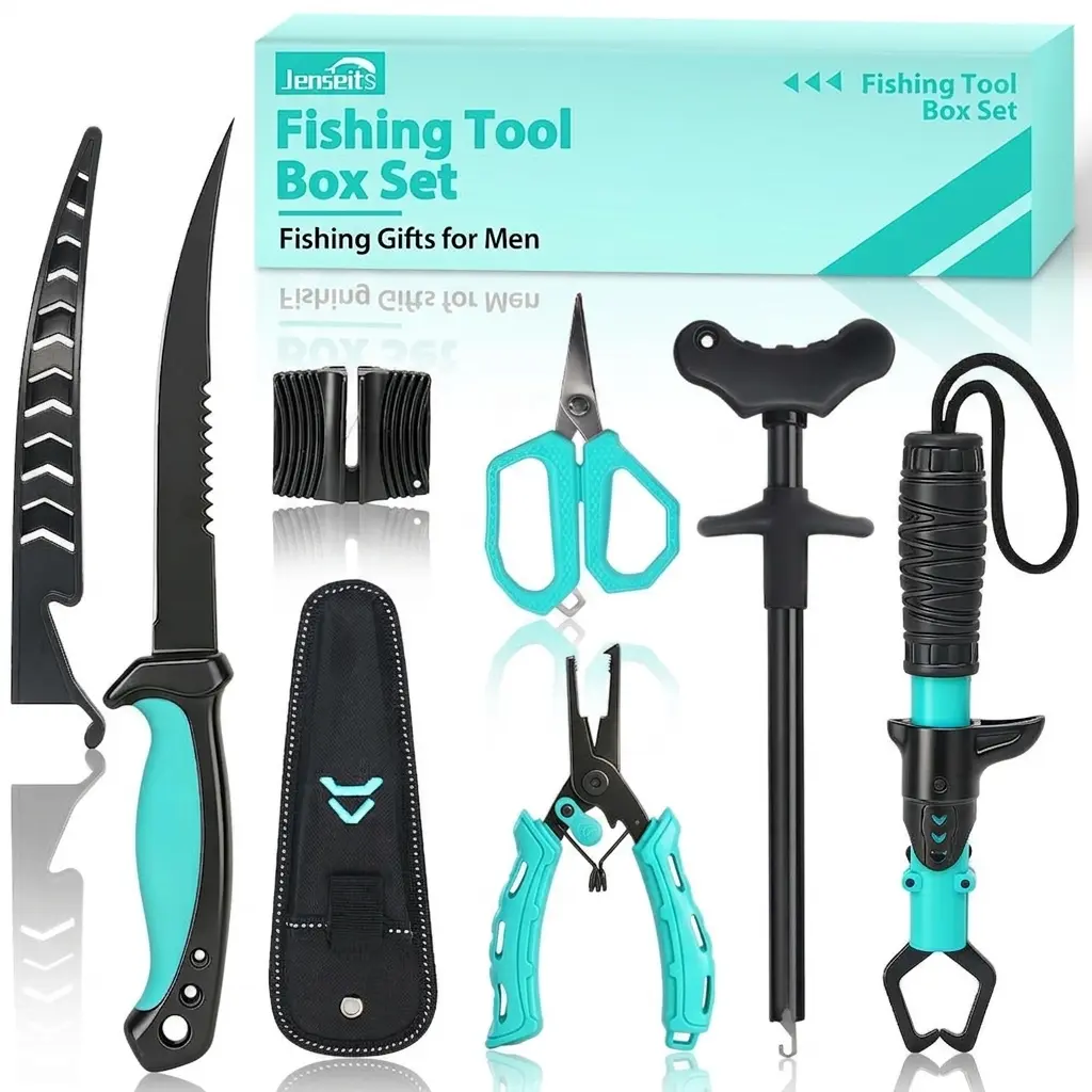 【Summer Wins】Jenseits 6-Piece Fishing Tool Kit  Corrosion Resistant Pliers, Fillet Knife, Fish Lip Gripper, Hook Remover, Scissors & Sharpening Stone – Gift for Men Anglers