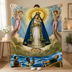 Charity Virgin Mary Digital Printed Plaid Flannel Blanket - Polyester Fiber, Modern, Multi-Size, Extra Large Plush, Skin-Friendly, All-Seasons, Machine-Washable, Travel-Ready, Bed & Sofa Use, Unique Birthday Gift