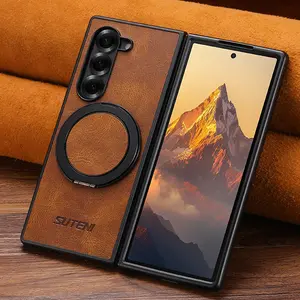 SUTENI Magnet Wireless Charging Protective Phone Case Oil Wax Faux Leather 360° Rotating Stand Buckle Protection For Samsung Galaxy Z Fold 7 6 5 For Unisex Relatives Friends And Elders Holiday Gift