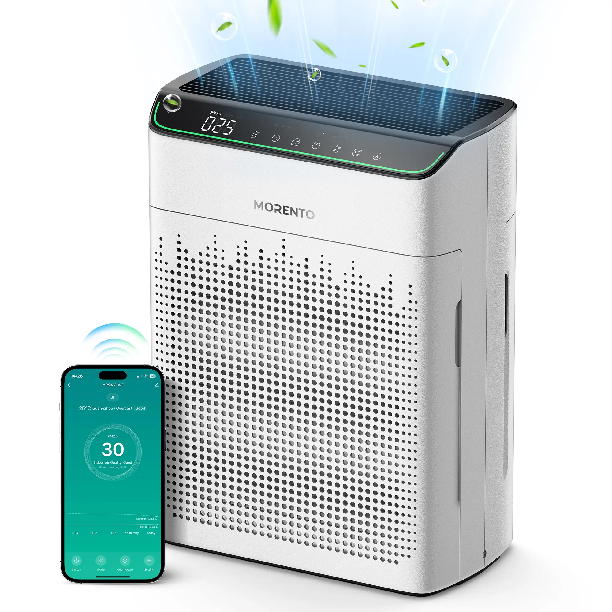 MORENTO MR5866 Large Room Air Purifier (Up to 1690 ft²) - True HEPA Filter, Real-Time PM2.5 Display, Pet/Auto Modes, Wi-Fi Enabled, Dual-Sided Intake, Home Diffuser, Voice/Smartphone App Control, Adjustable Timer, 7.96 lbs, Anti-Bacteria, Allergy Relief