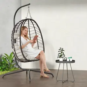 LHBCRAFT（ 82"H）Hanging Egg Chair Outdoor with Stand, Indoor Wicker Hanging Egg Swing Chair with Cushion, 350lbs Capacity for Patio, Bedroom, Garden - Beige,Gray,Christmas gift
