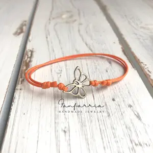 Butterfly Anklet, Orange Waxed Cord Anklet, Adjustable Anklet