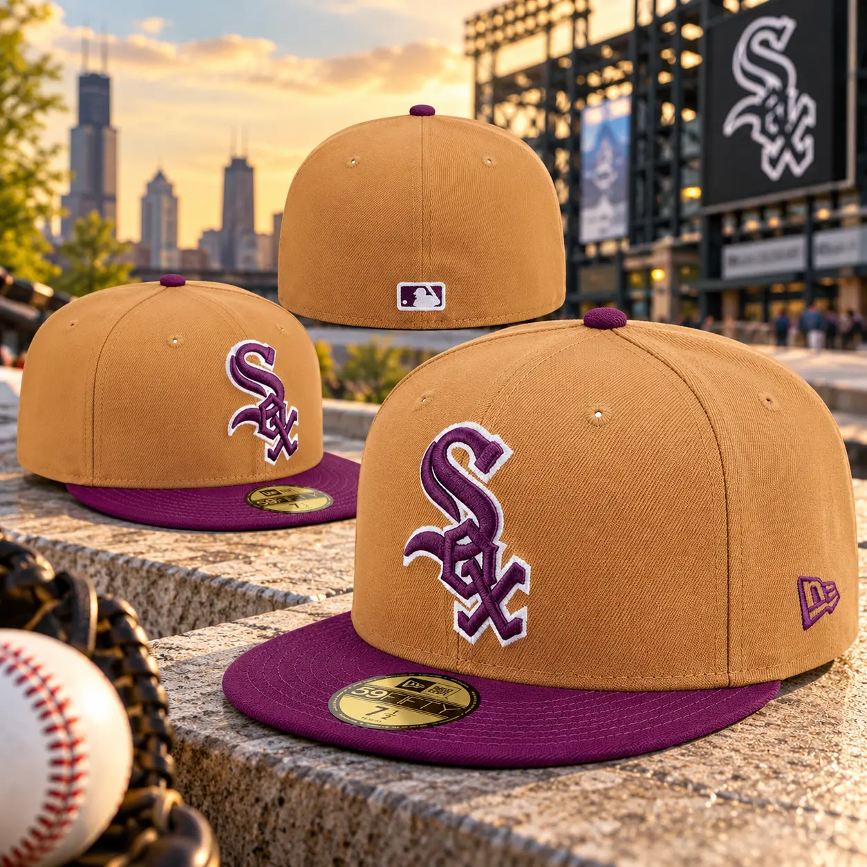 Men’s Tan & Purple Baseball Fitted Cap – Embroidered Sox Logo, Flat Brim Two-Tone Hat, Classic Retro Sports Streetwear for Men & Women