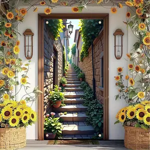 1PC,2D Flat Door Banner Sunflower Vine Courtyard Stone Steps Door Banner, Festival Decor Background Cloth, Pastoral Door Curtain, Home Party Scene Decoration Hanging Cloth
