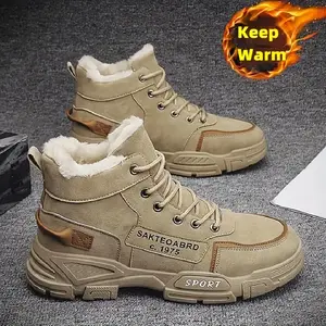 2025 Winter New Men's Mid Top Leather with Velvet Sports and Leisure Shoes Warm Motorcycle Boots Anti slip Work Boots British Style Fashion Boots Waterproof Cover Wearing Snow Boots Thick Cotton Shoes