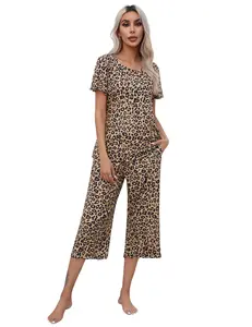 women's leopard print set, short sleeved top and cropped pants two-piece set, casual soft and comfortable style , spring and autumn women's set