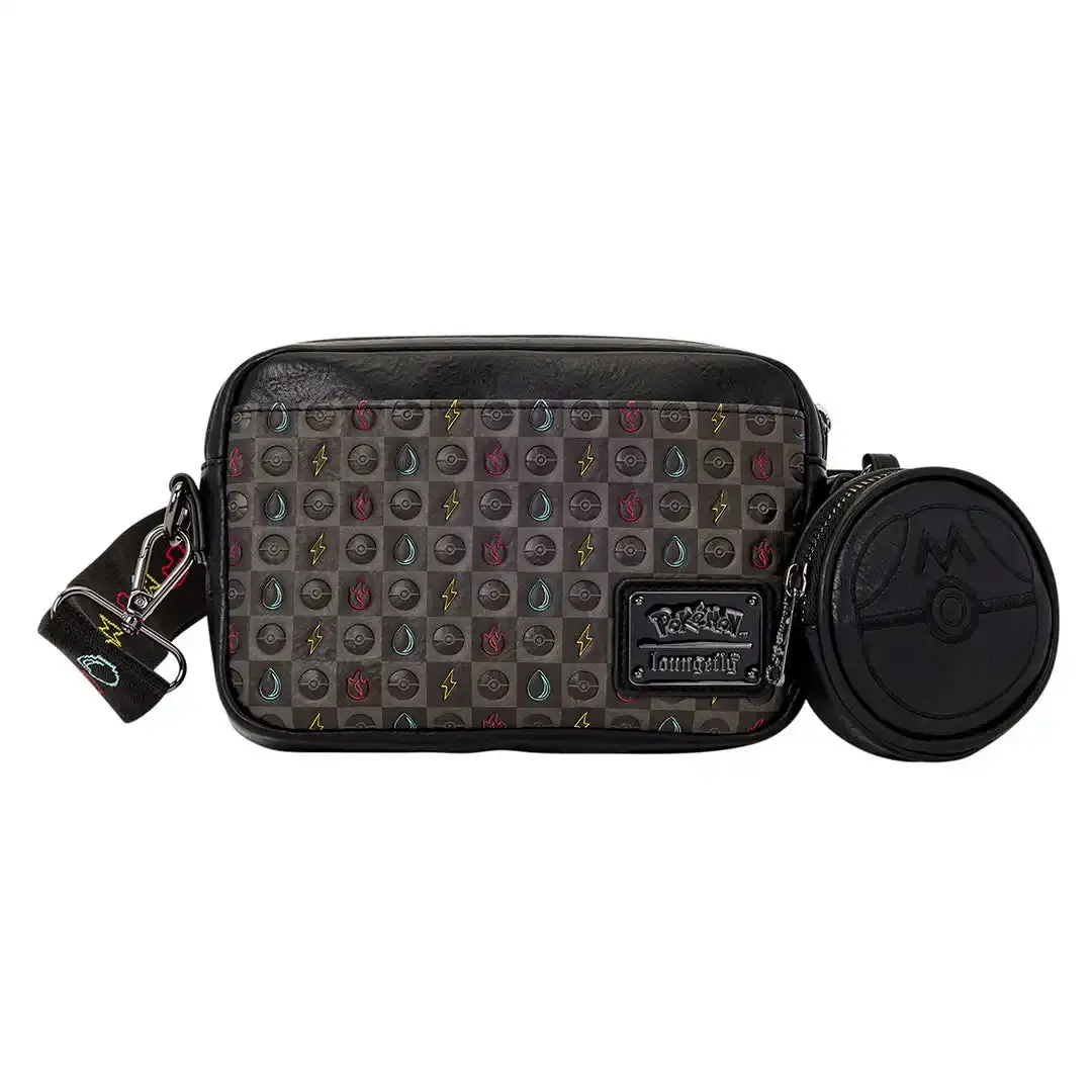 Women's Loungefly Pokémon Legendary Theme Distressed Faux Leather Sling Crossbody Bag - Debossed Embroidery, Spot UV Detail, Molded Rivets, Metal Accents, Collectible, Detachable Coin Bag with Coin Pocket