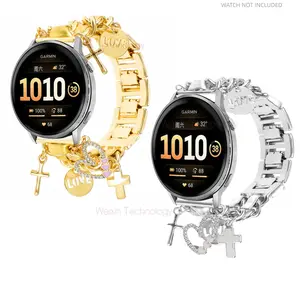 Cuban Chain Bracelet Suitable for Garmin Venu 4/3 2/Forerunner 965 265,22mm Metal Strap, Ladies Strap Love Pendant Cross Pendant Match, 22mm Metal Strap