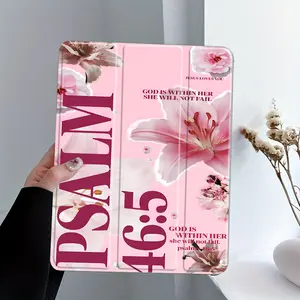 Cross Pink Aesthetic Lily Flower 46:5 Quote Pattern Four-Corner Anti-Fall Tablet Case, Foldable with Pen Slot,Suitable for iPad Mini, Air, Pro 4,5,6,7(2017,2018,2019,2020,2021,2022,2023,2024,2025 models),and Samsung S6,7,8,9,10FE + A7 LTE tablet cases