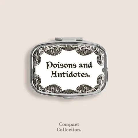 Poisons and Antidotes Vintage Label Small Pill Box Pill Organiser Ring Trinket Stash Medicine Vitamins Gum Tic Tacs Mint Metal Pill Bottle Case Dispenser Holder Travel Size gifts for girl For Boyfriend under 100 dollars