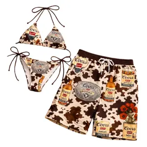 Coors Cowboy Matching Couple Swimwear Set – Western Bikini & Men’s Beach Shorts for Rodeo Summer Vacation and Beach Party Outfit