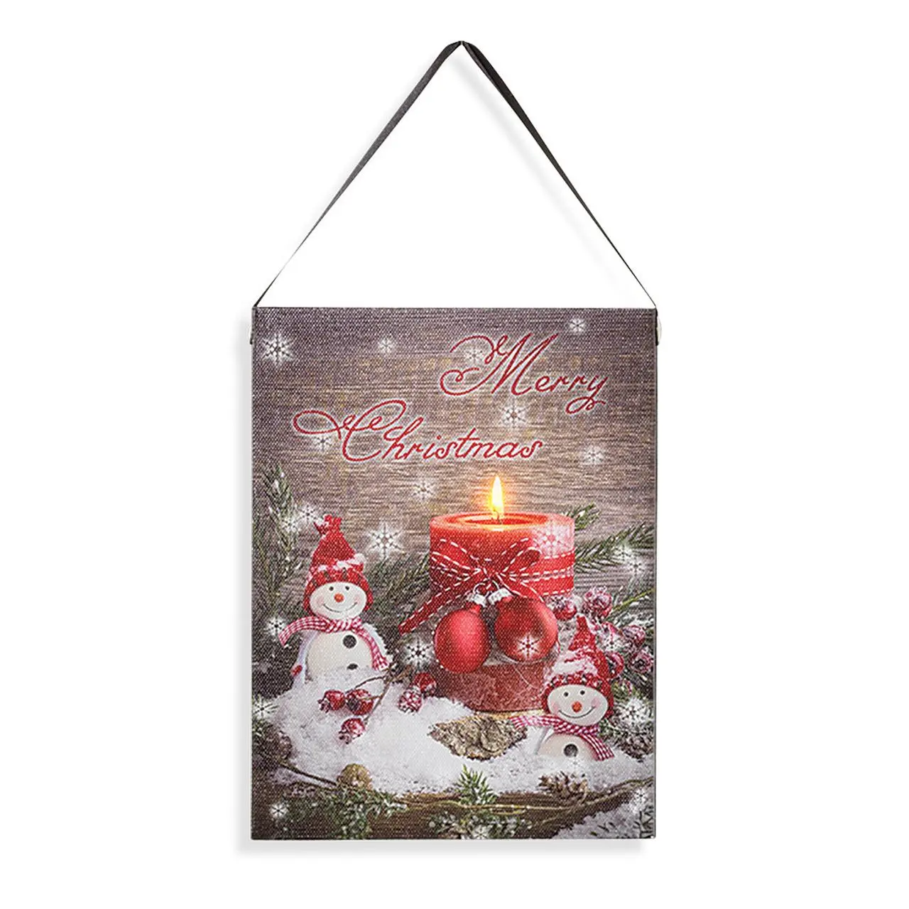 Lighted Holiday Canvas 6x8 – Vertical "Merry Christmas" Vignette with Red Holiday Decorations and Snowmen