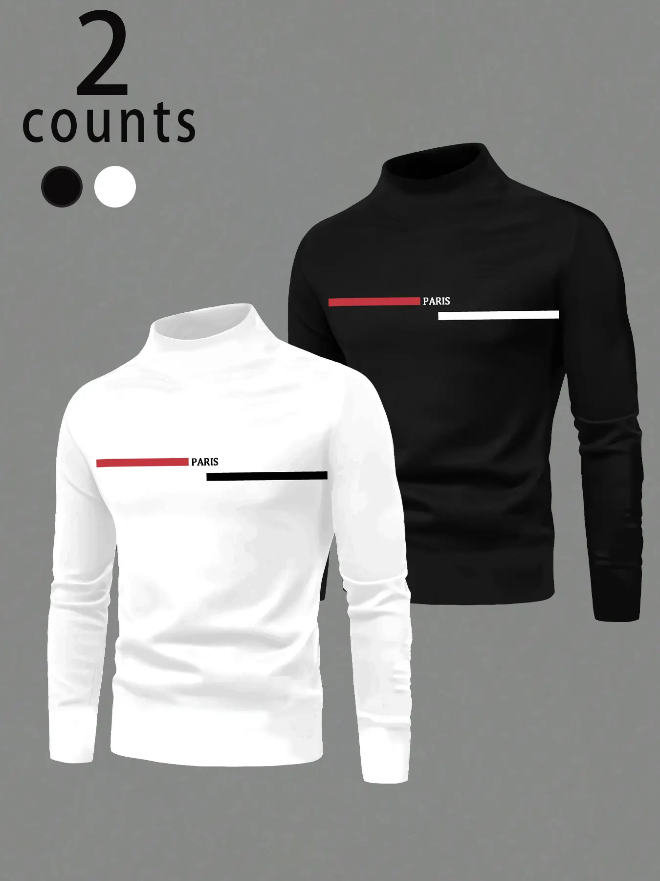 Men's Turtleneck Long Sleeve Shirts Set, Slim Fit Casual Fashion Wear Letters Print Pullovers with Paris Graphic, Soft Stretch Fabric, Spring Autumn Wear