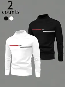 Men's Turtleneck Long Sleeve Shirts Set, Slim Fit Casual Letters Print Pullovers with Paris Graphic, Soft Stretch Fabric, Spring Autumn Wear