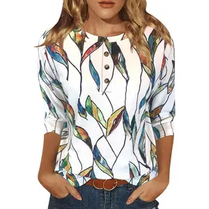 Womens Tops Casual 3/4 Sleeve Shirts Crew Neck Loose Casual Blouses Floral Print Tshirts