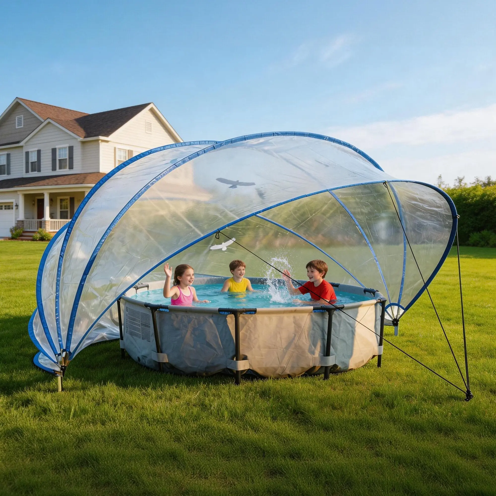 18 ft Retractable Pool Dome Cover Only for Above Ground Round Pools, Clear PVC Pool Canopy with 180 Degree Opening, Rain Dust Leaf Guard and Heat Retention for Backyard Swimming