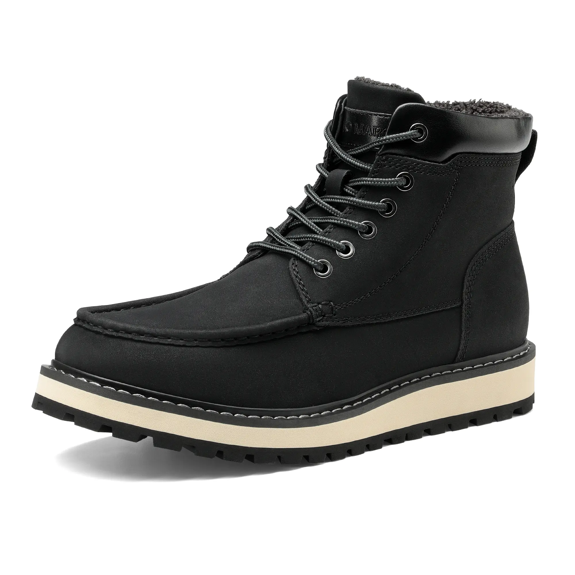 BRUNO MARC Men's Leather Moc Toe Cuban Heel Ankle Boots, Warm Faux Fur-Lined Lightweight Winter Footwear with Rubber Sole, Shoe