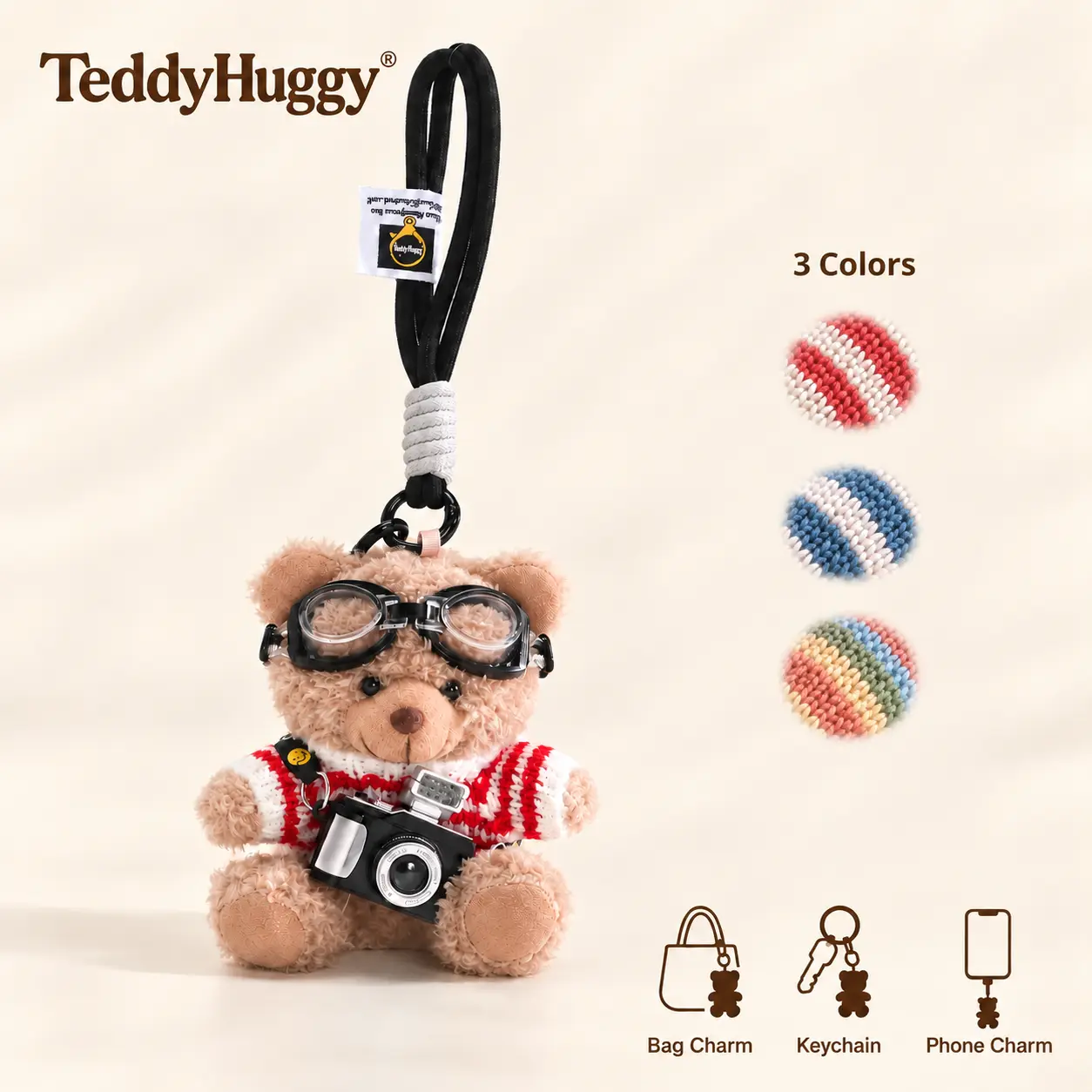 TEDDY HUGGY 5.9-in Flash Camera Bear Bag Charm with Aviator Goggles, Plush Keychain & Phone Charm